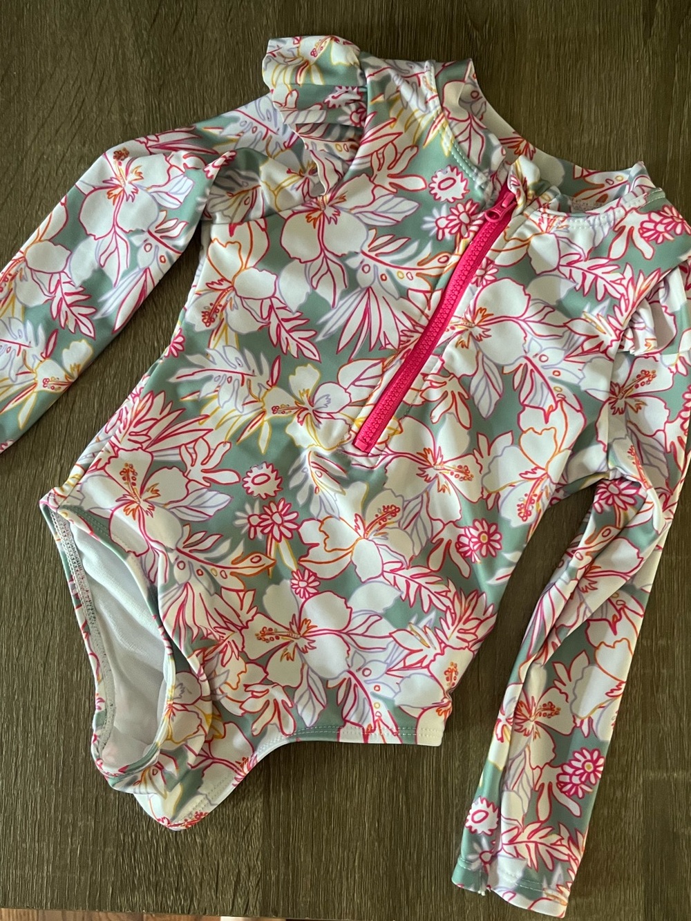 wonder nation Girls Floral Long-Sleeve Rashguard One-Piece - Pink & Light Green